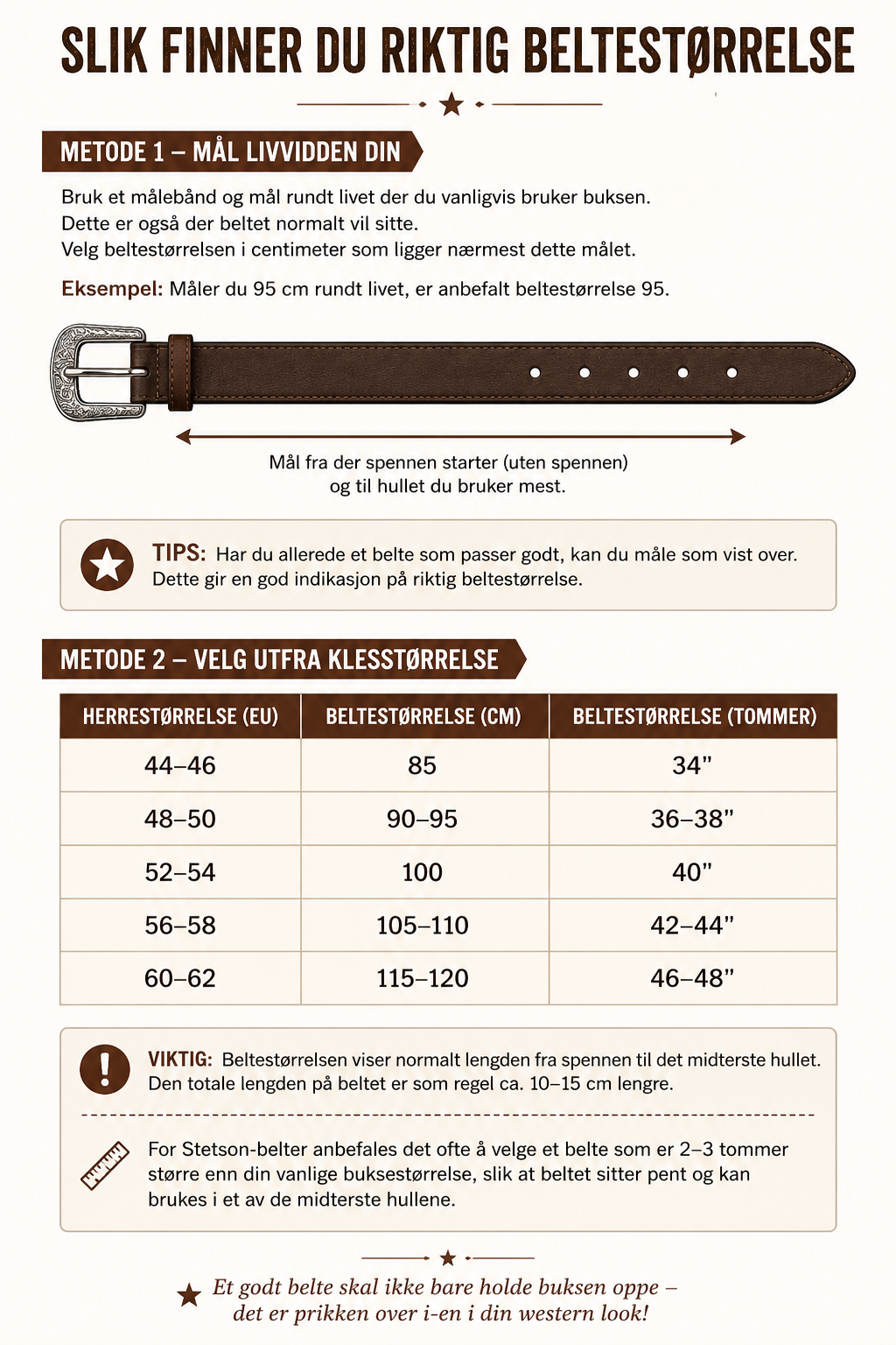Norsk størrelsesguide for belter